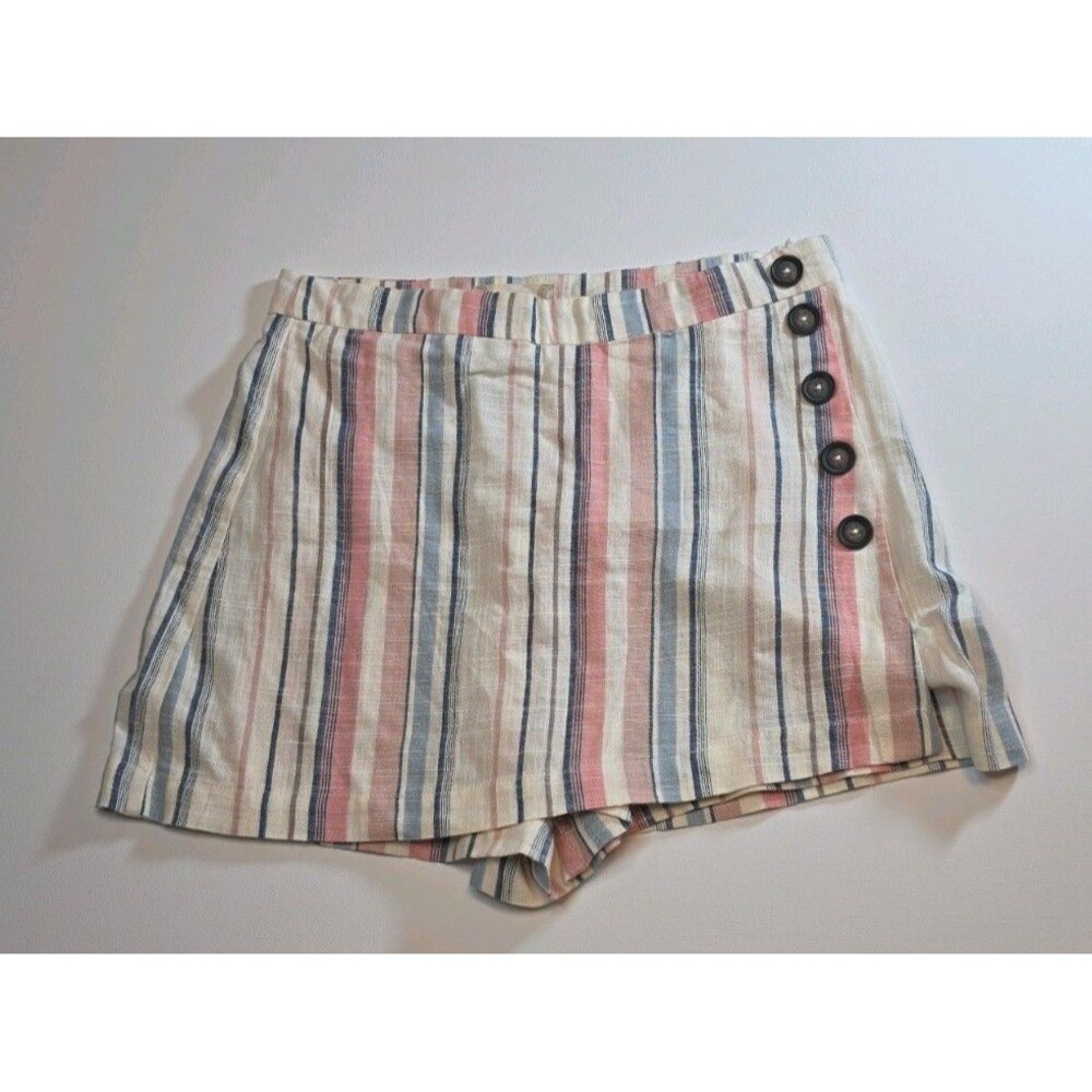 Aldar’d State Shorts Skort M Pastel Stripe Button Accent Side Zip Boho 100%Linen